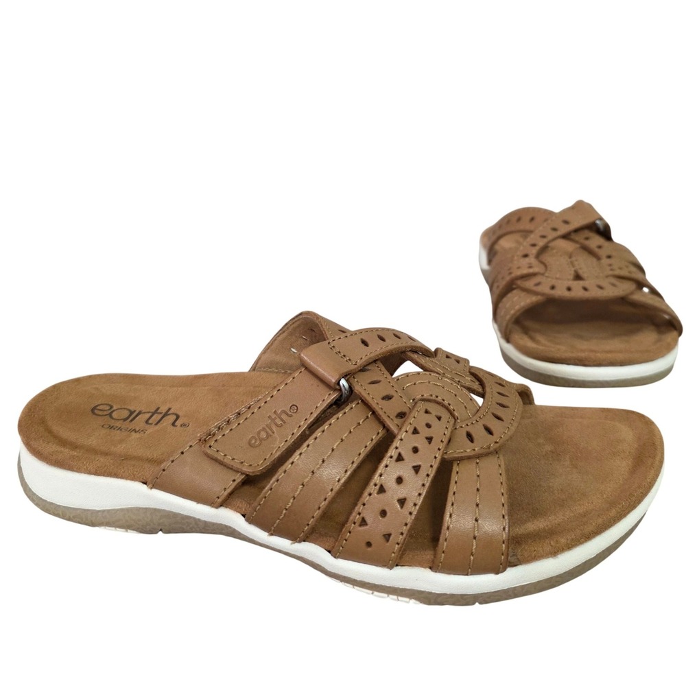 Earth Origins Leather Slip On Flat Sandals Sz 7M‎ Sassoni Comfort Casual Boho